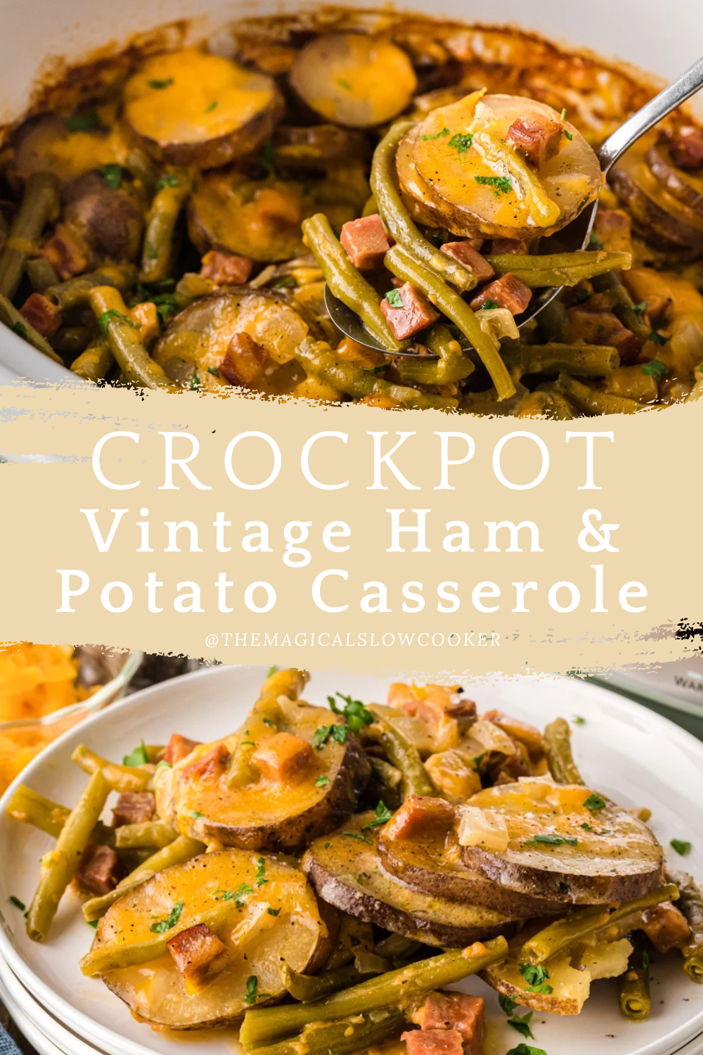 vintage ham and potato casserole in a slow cooker and on a plate.