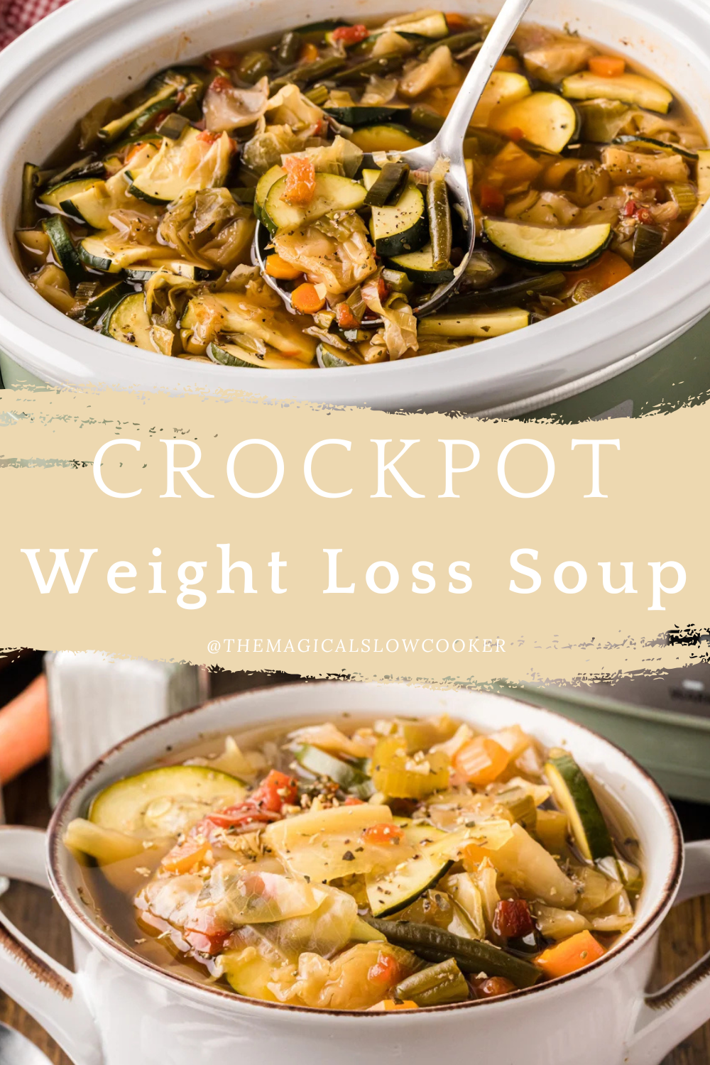 weight loss soup in a slow cooker and in a bowl.