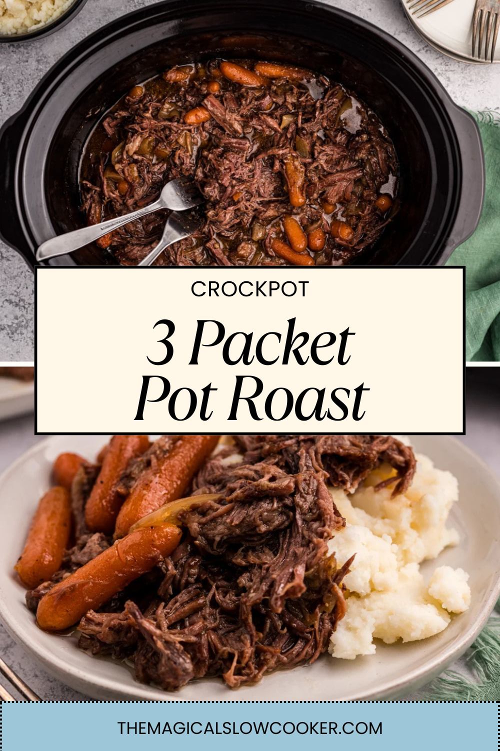 3 packet pot roast in a slow cooker and on a plate with potatoes.