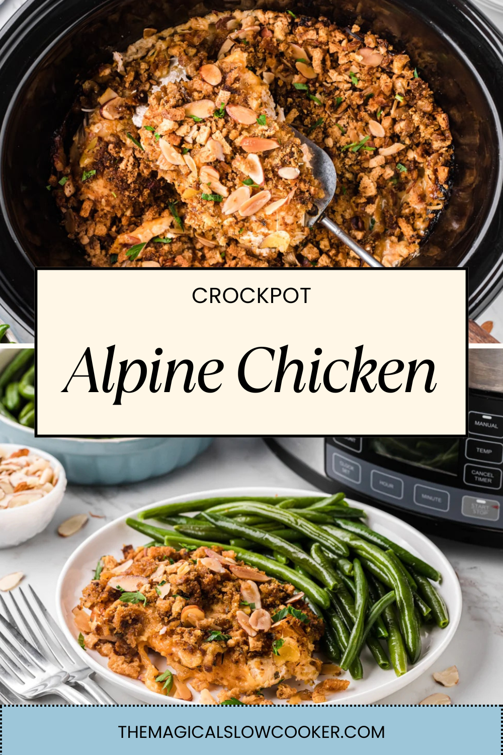 alpine chicken on plate and in a slow cooker.