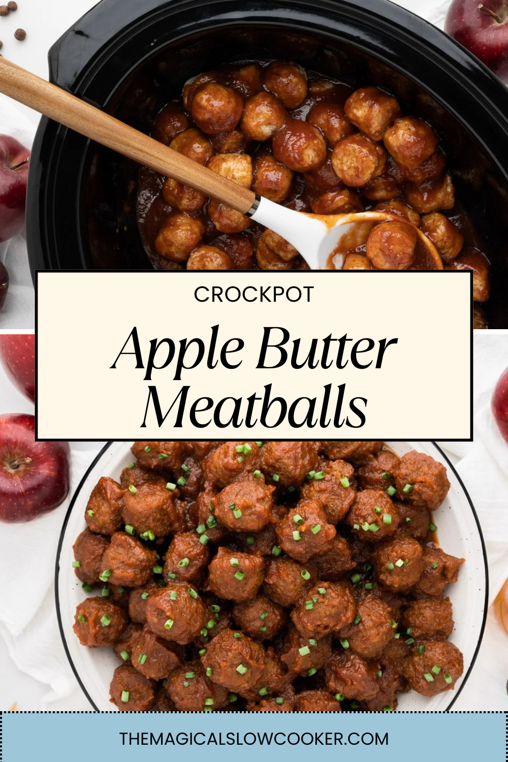 apple butter meatballs in a slow cooker and on a plate.