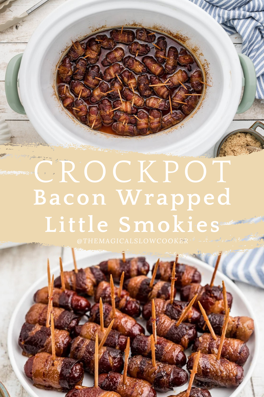 bacon wrapped little smokies in a slow cooker and on a plate.