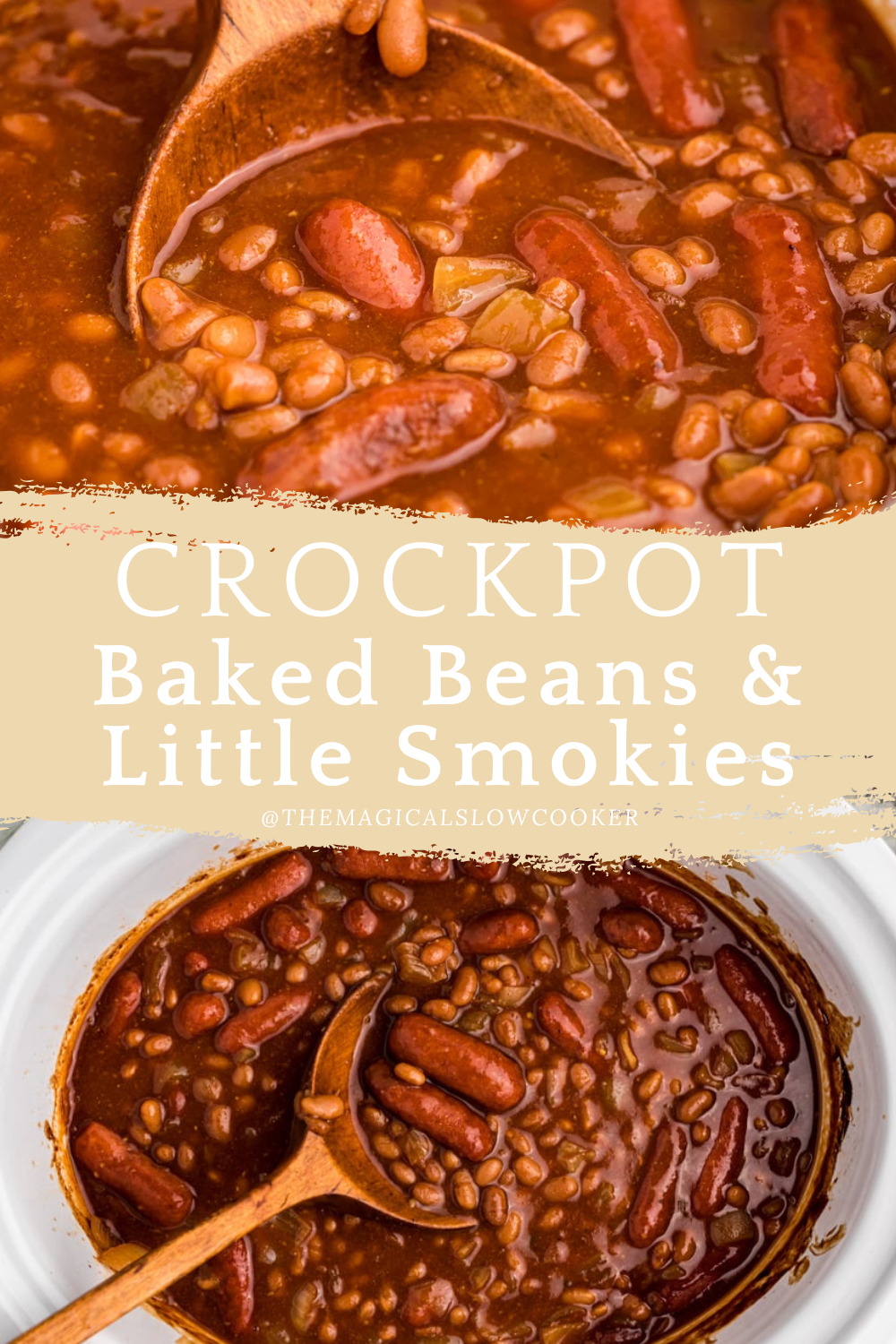 baked beans and little smokies in a slow cooker.