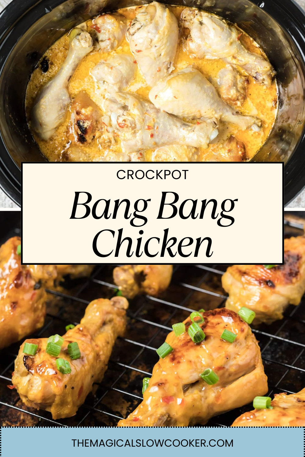 bang bang chicken in a slow cooker and on a grill pan.