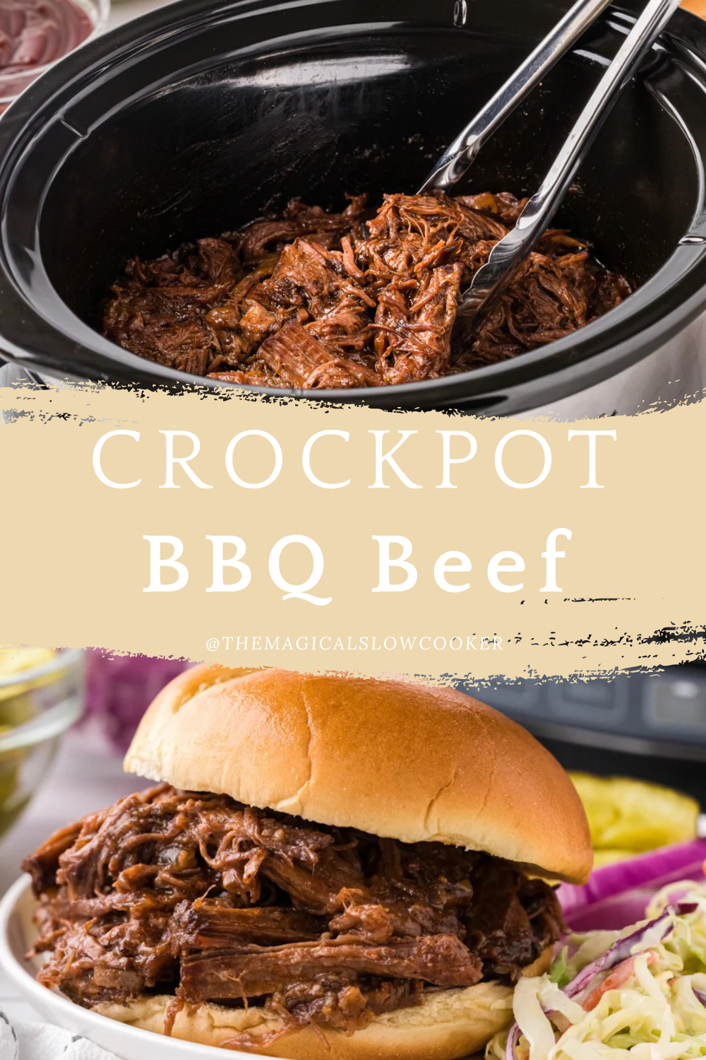 bbq beef sandwiches in a slow cooker and on a bun.