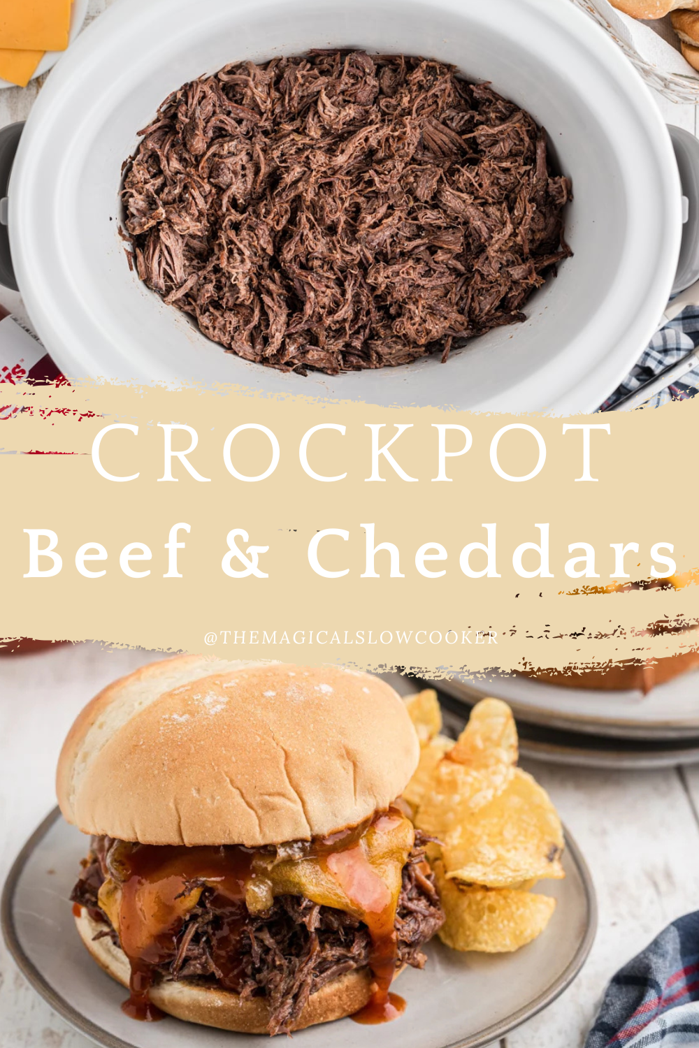 Crockpot Arby's Beef and cheddars in a slow cooker and on a plate.