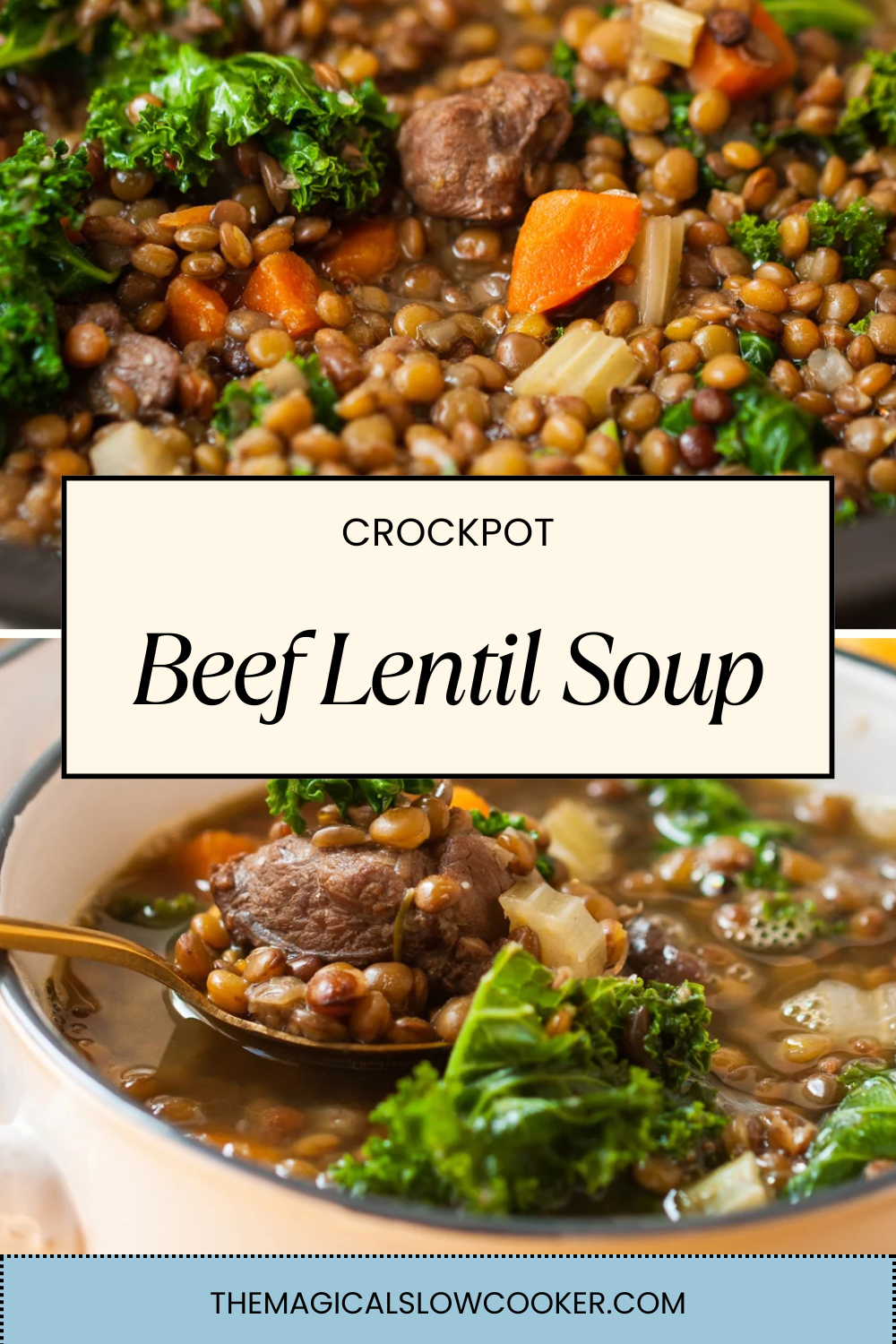 beef lentil soup in a slow cooker and on a plate.