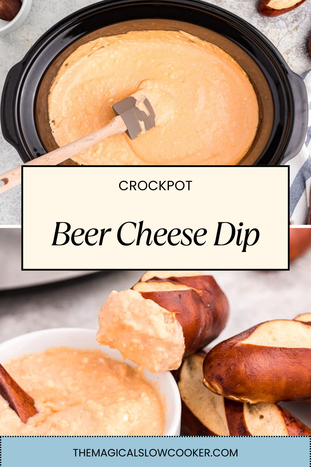 beer cheese dip in a slow cooker and in a bowl with pretzel sticks.