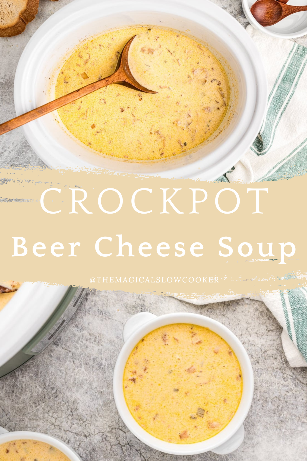 beer cheese soup, in a slow cooker and in bowls.