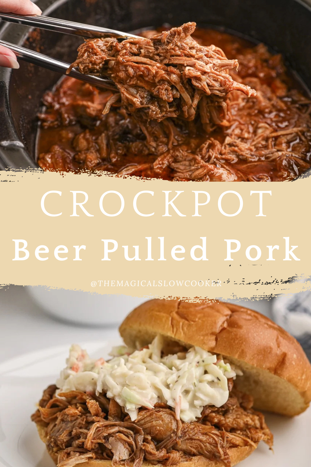 beer pulled pork in a slow cooker and on a bun.