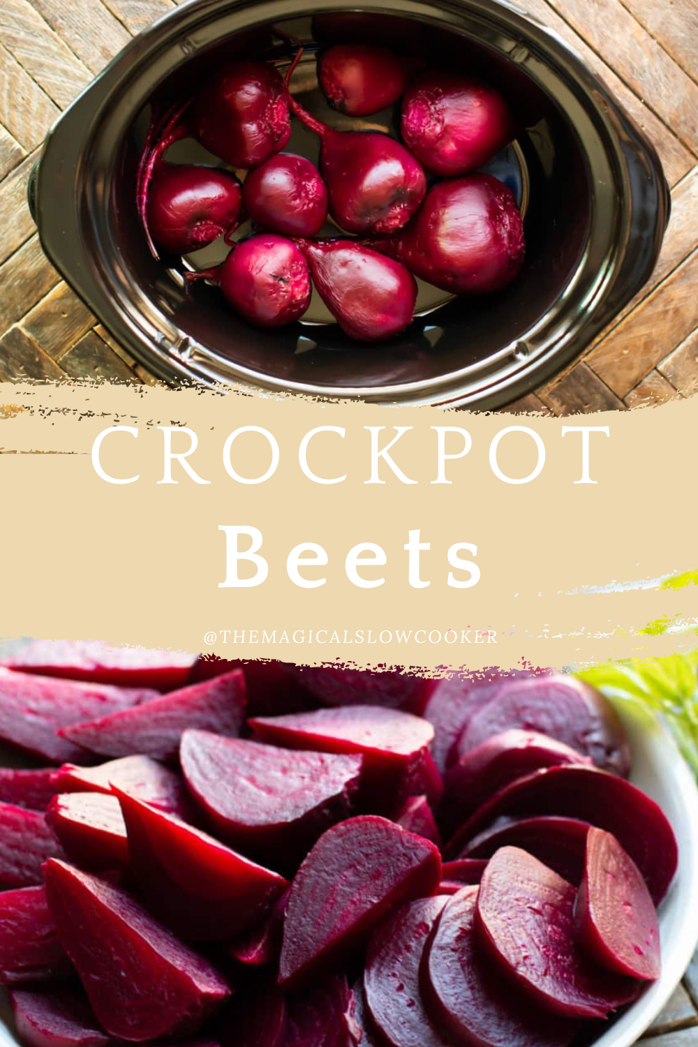 Beets in a slow cooker and on a plate,