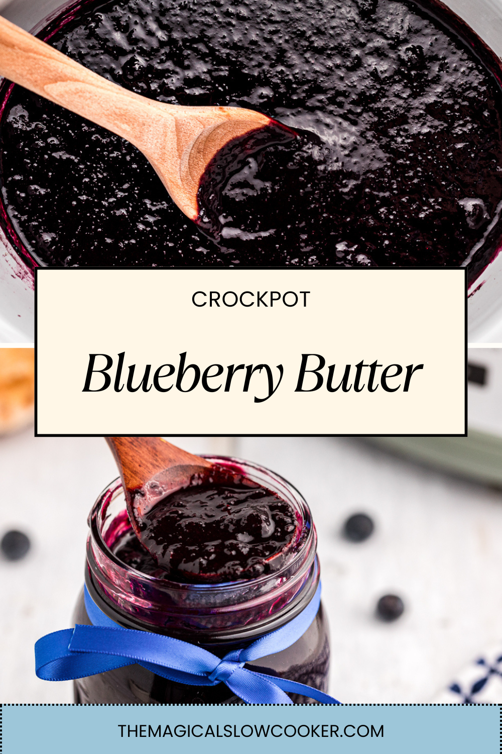 blueberry butter in a slow cooker and in a jar.