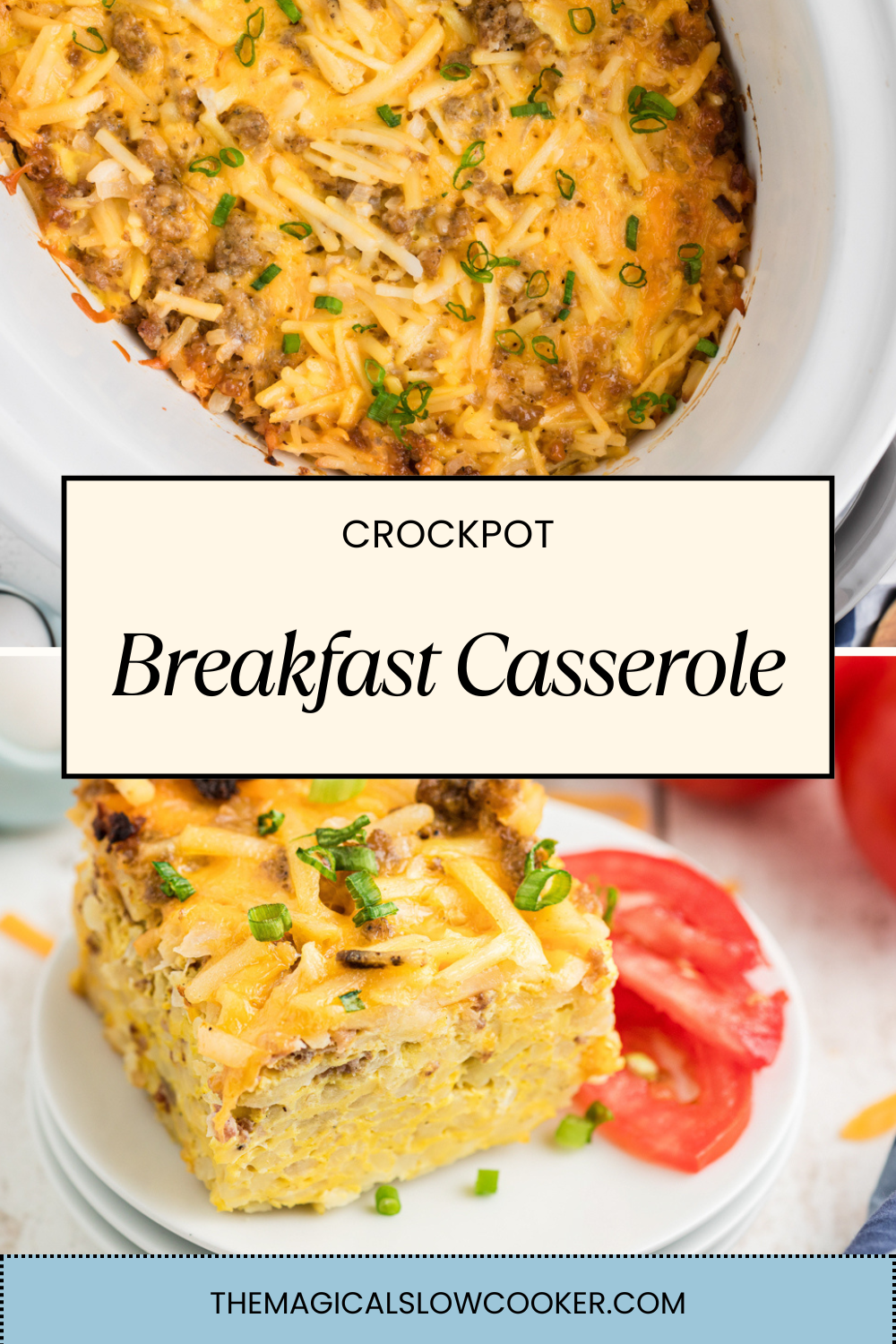 breakfast casserole in a slow cooker and on a plate.
