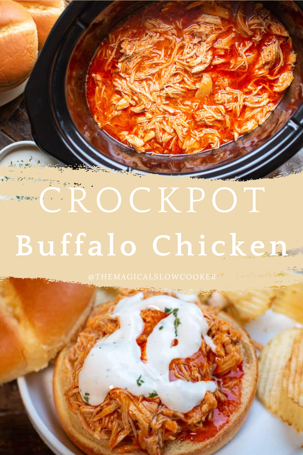 buffalo chicken in a slow cooker and on a plate