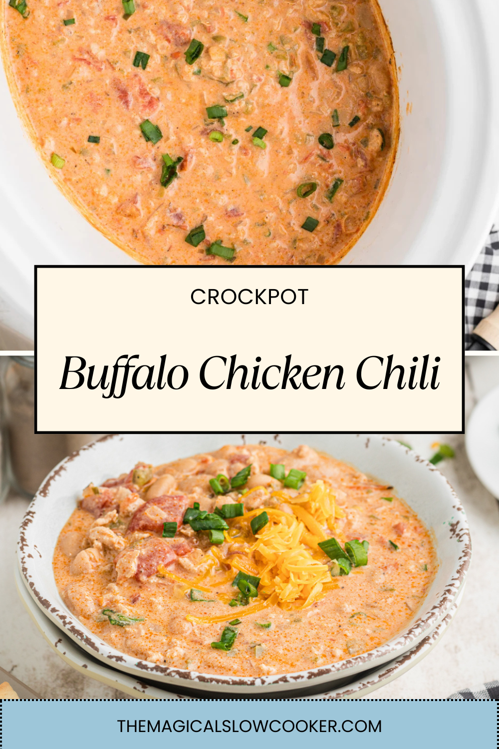 buffalo chicken chili in a slow cooker and in a bowl.