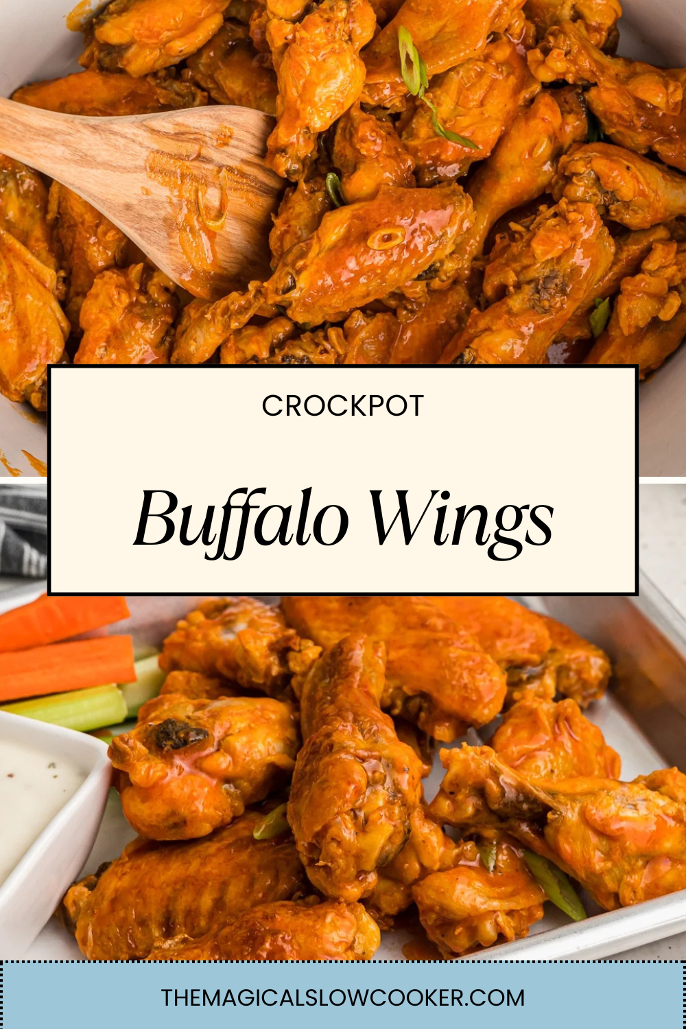 buffalo wings in a slow cooker and on a plate.