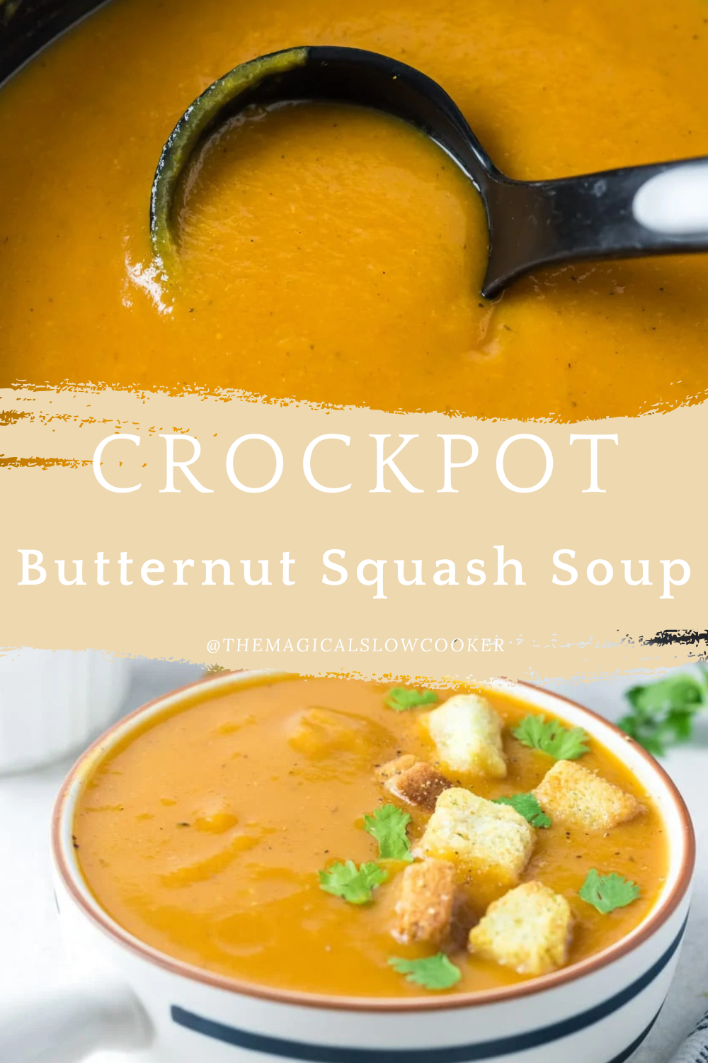 butternut squash soup in a slow cooker and on a plate.