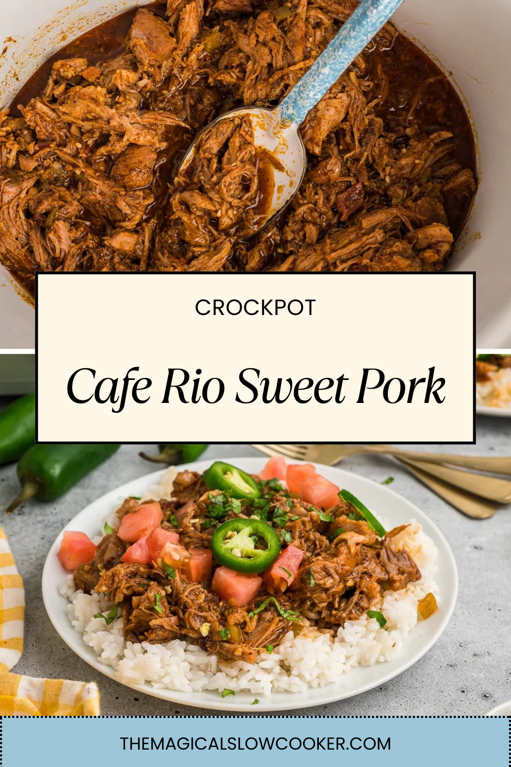 cafe rio pork in a slow cooker and on rice on a plate.