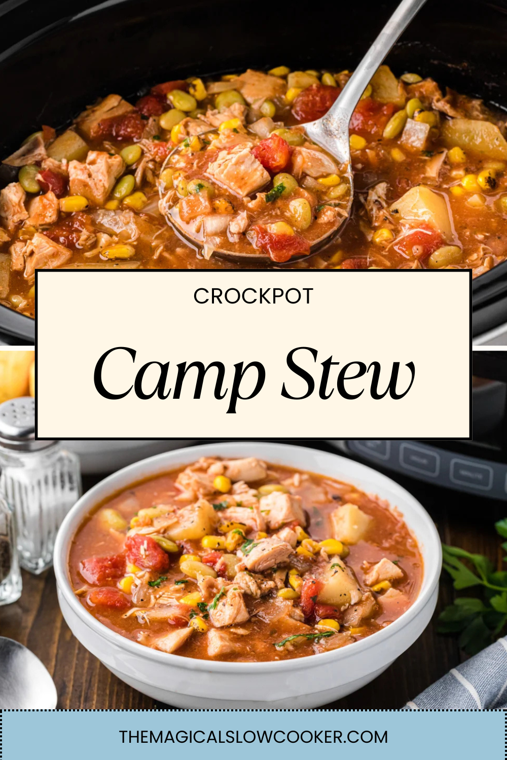 camp stew in a slow cooker and in a bowl.