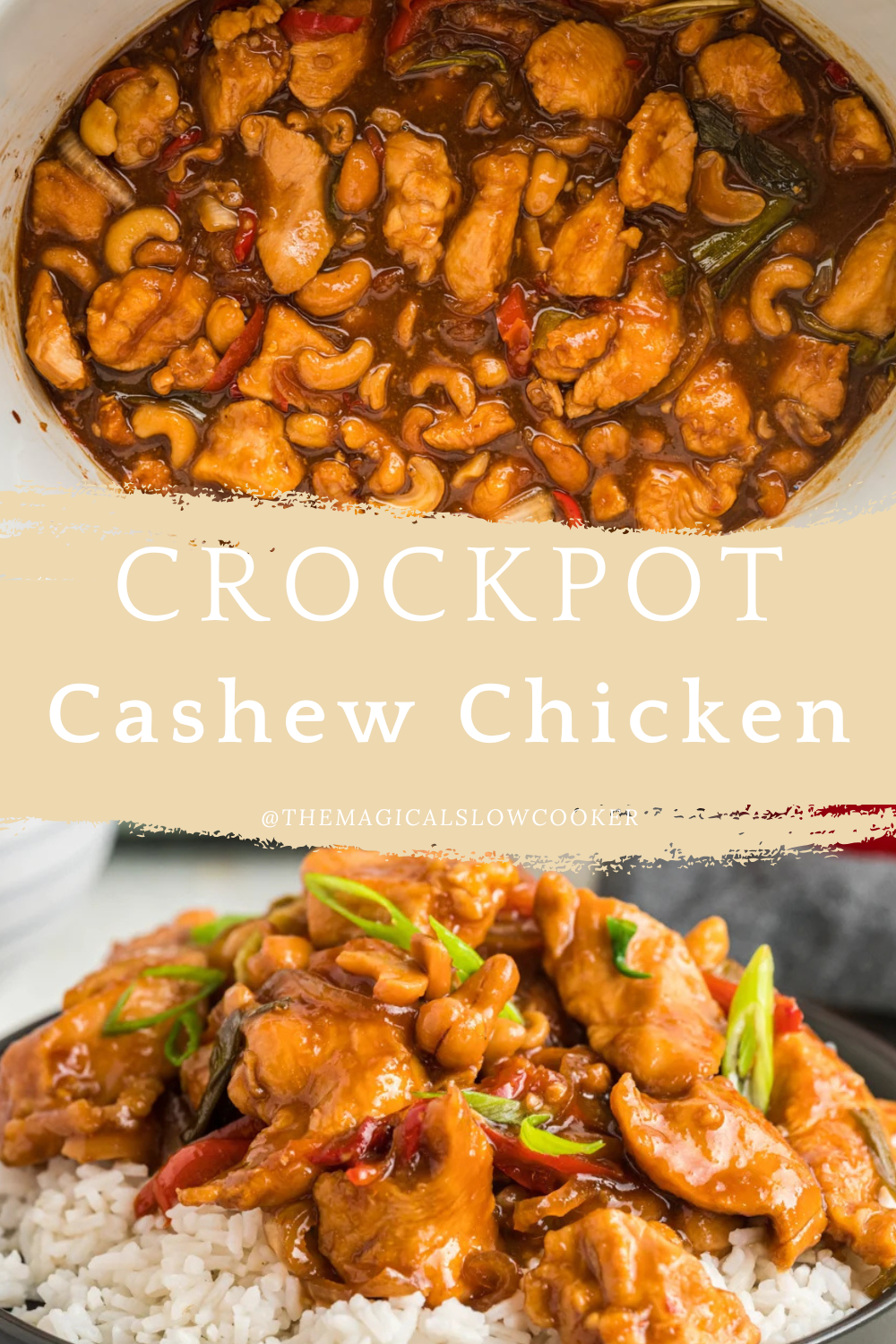 cashew chicken in a slow cooker and on a plate.