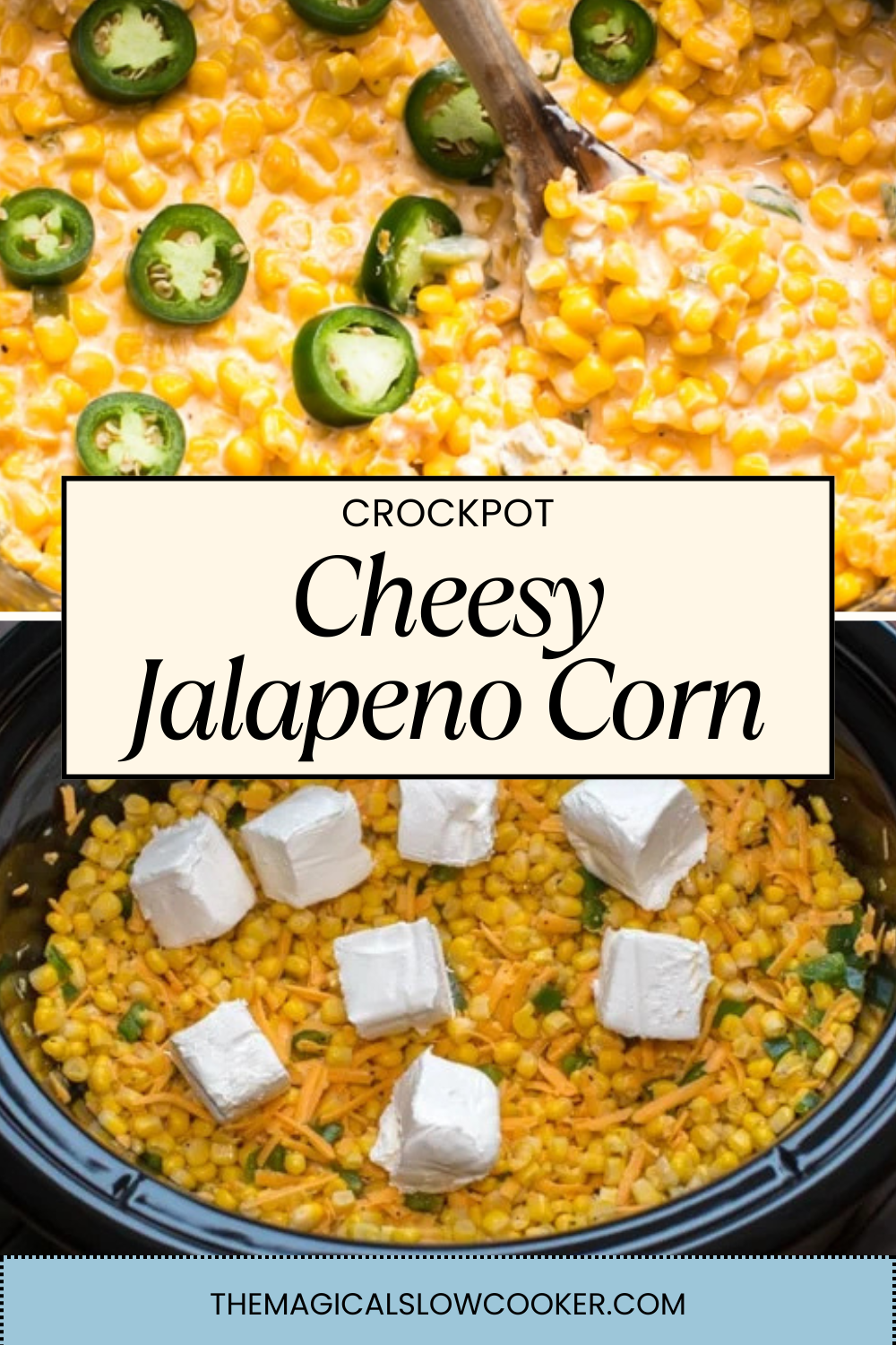 cheesy jalapeno corn in a slow cooker and on a plate.