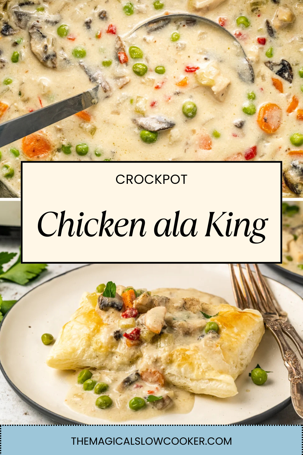 chicken ala king in a slow cooker and on a plate.