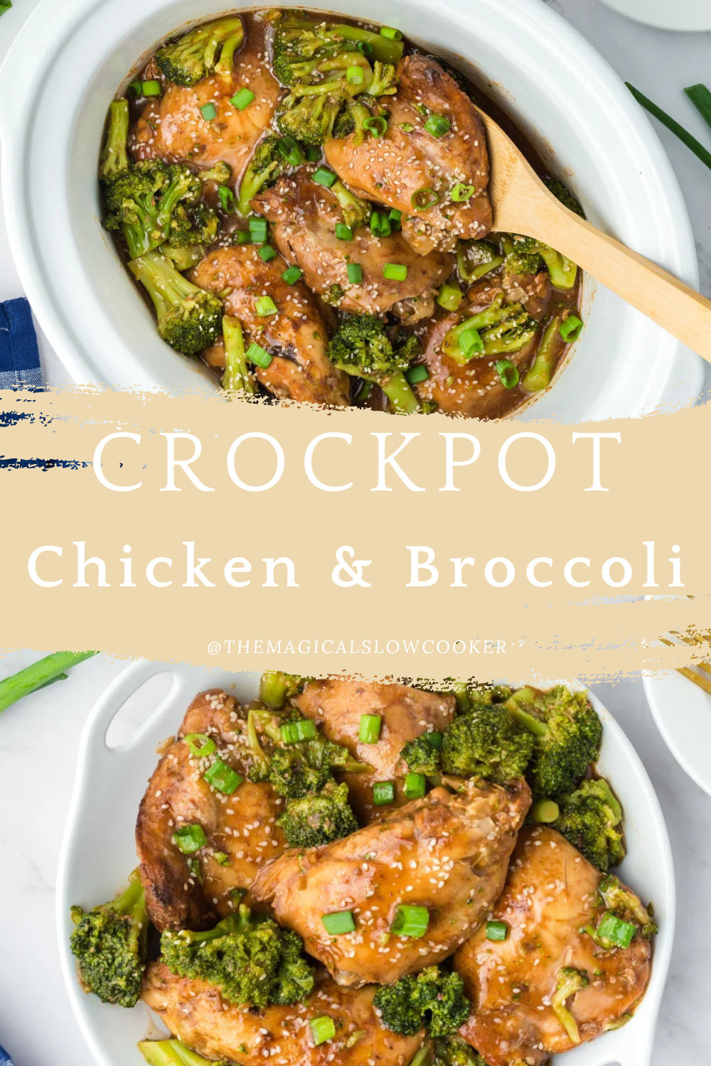 chicken and broccoli in a slow cooker and on a plate.