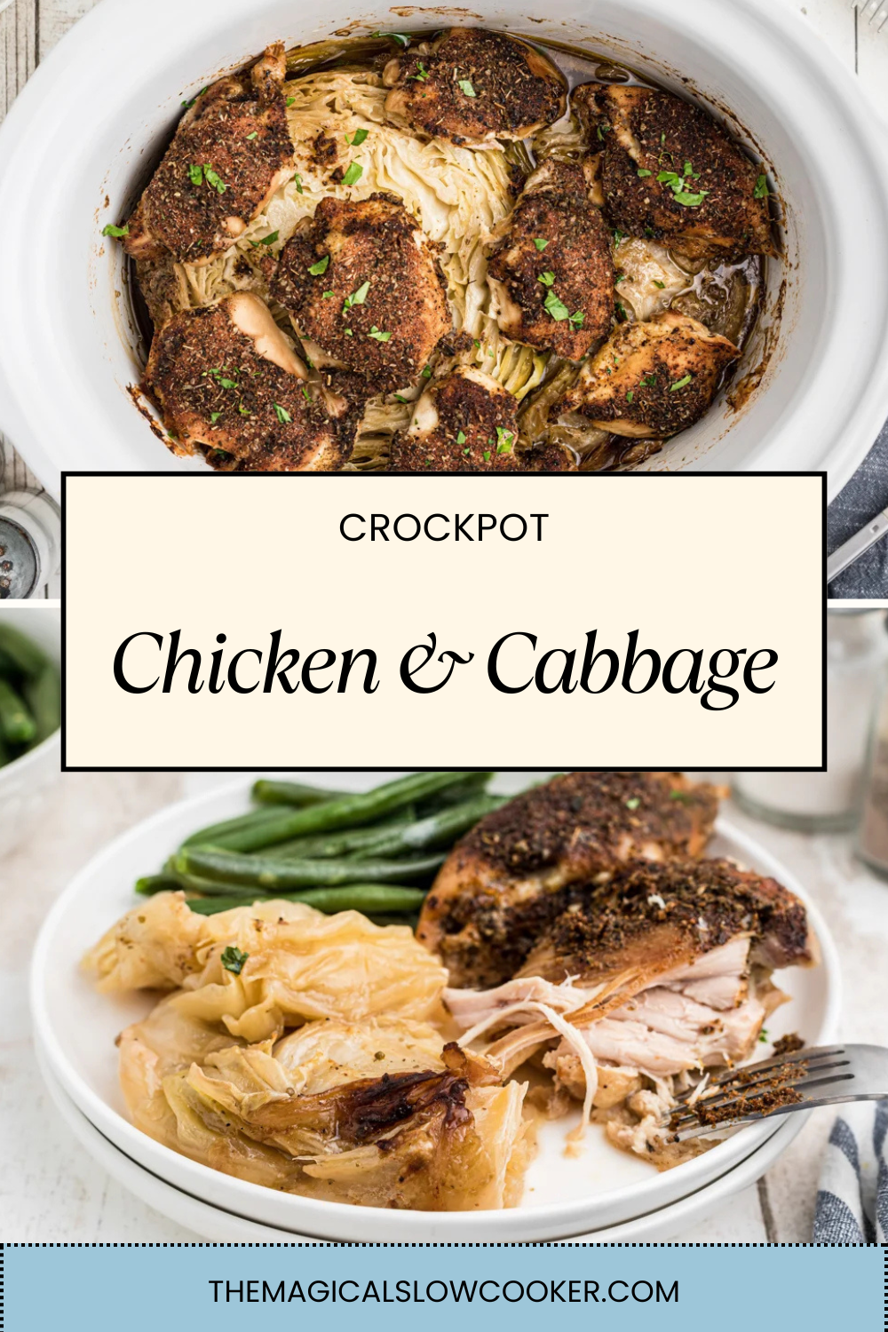 chicken and cabbage and in a slow cooker and on a plate.