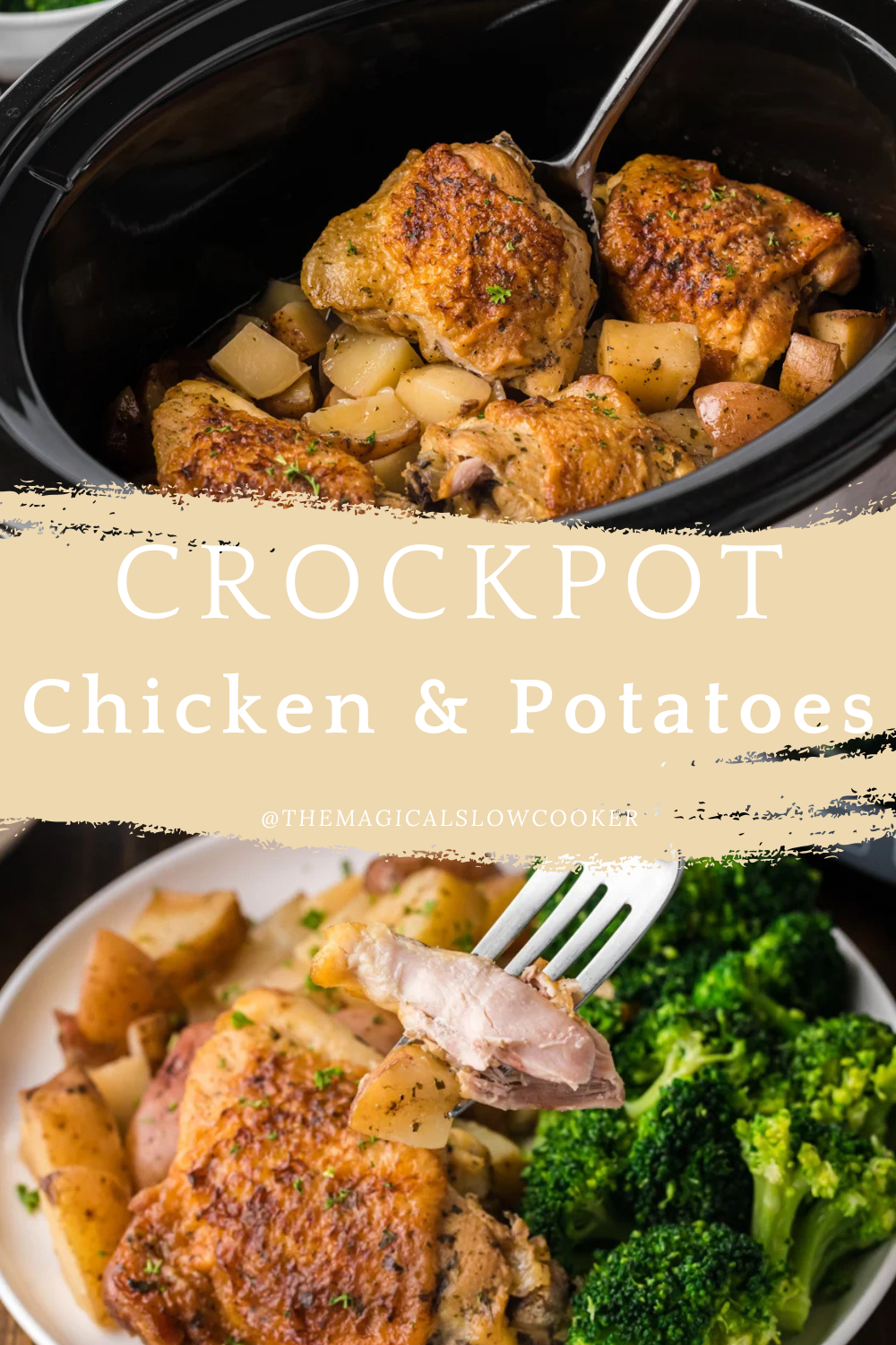 chicken and potatoes in a slow cooker and on a plate.