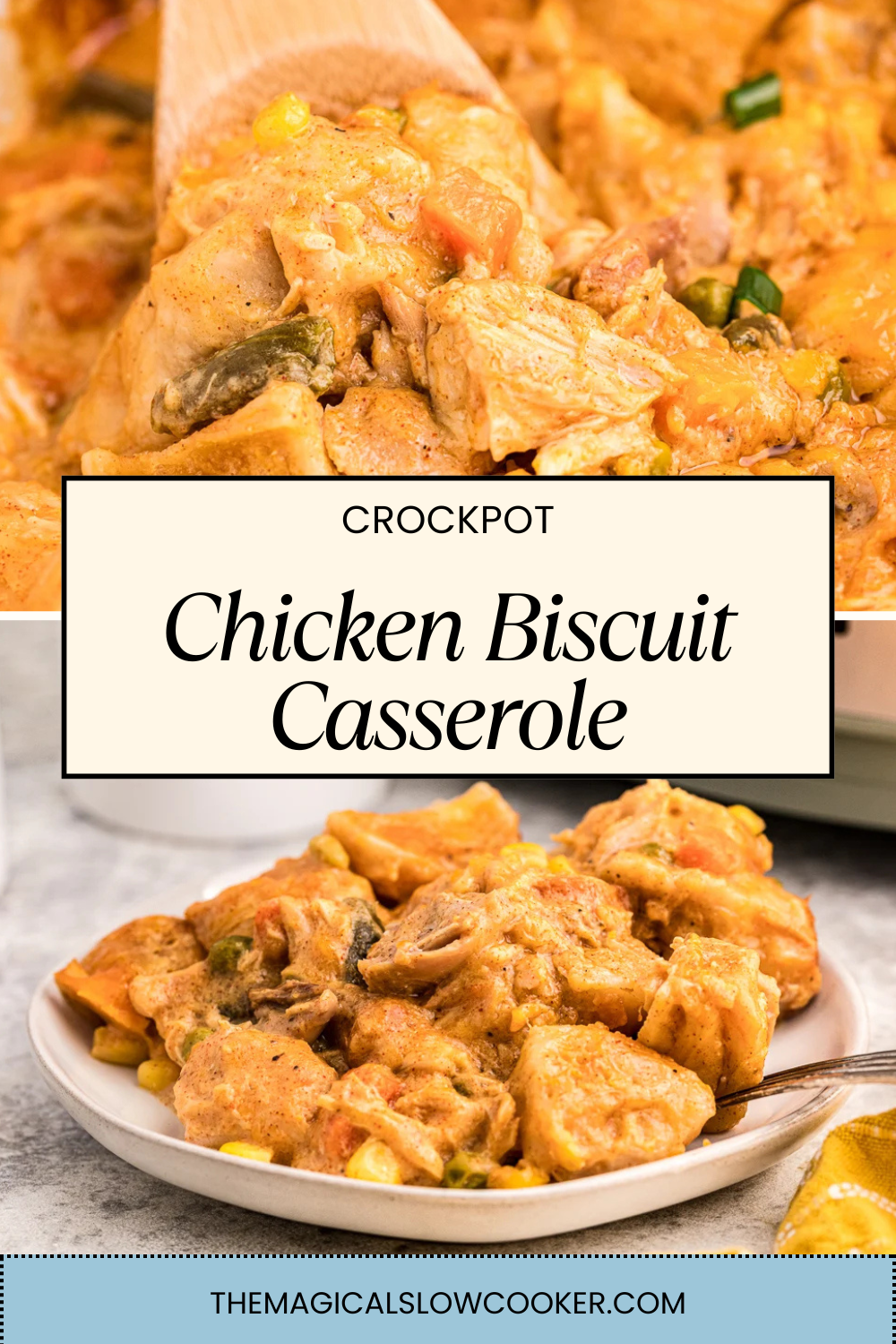 chicken biscuit casserole in a slow cooker and on a plate.