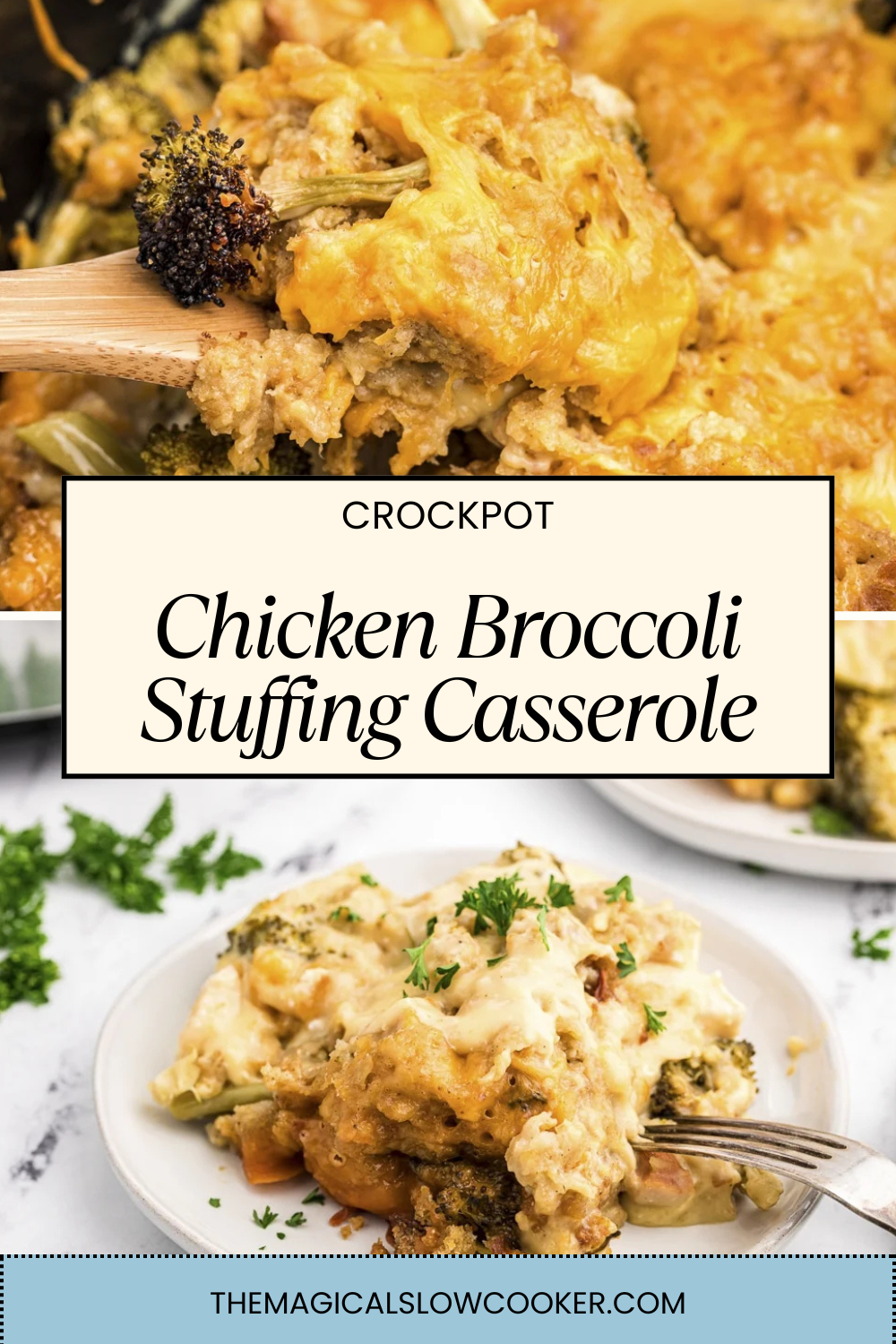 chicken broccoli stuffing casserole in a slow cooker and on a plate.