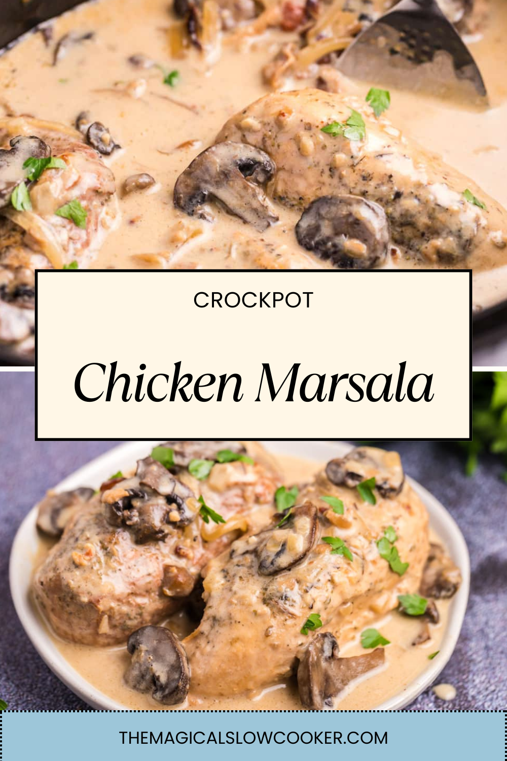 chicken marsala in a slow cooker and on a plate.