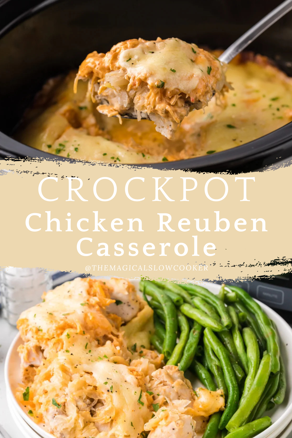 Reuben casserole in a slow cooker and on a plate.