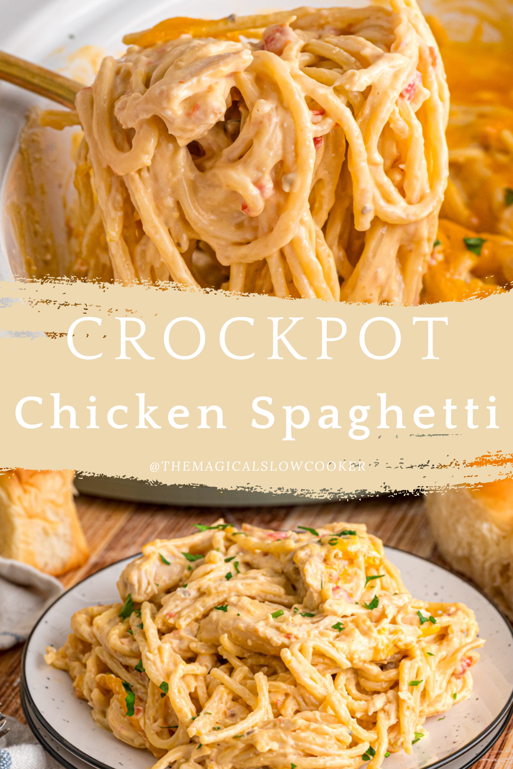 Two images of slow cooker chicken spaghetti with text overlay.
