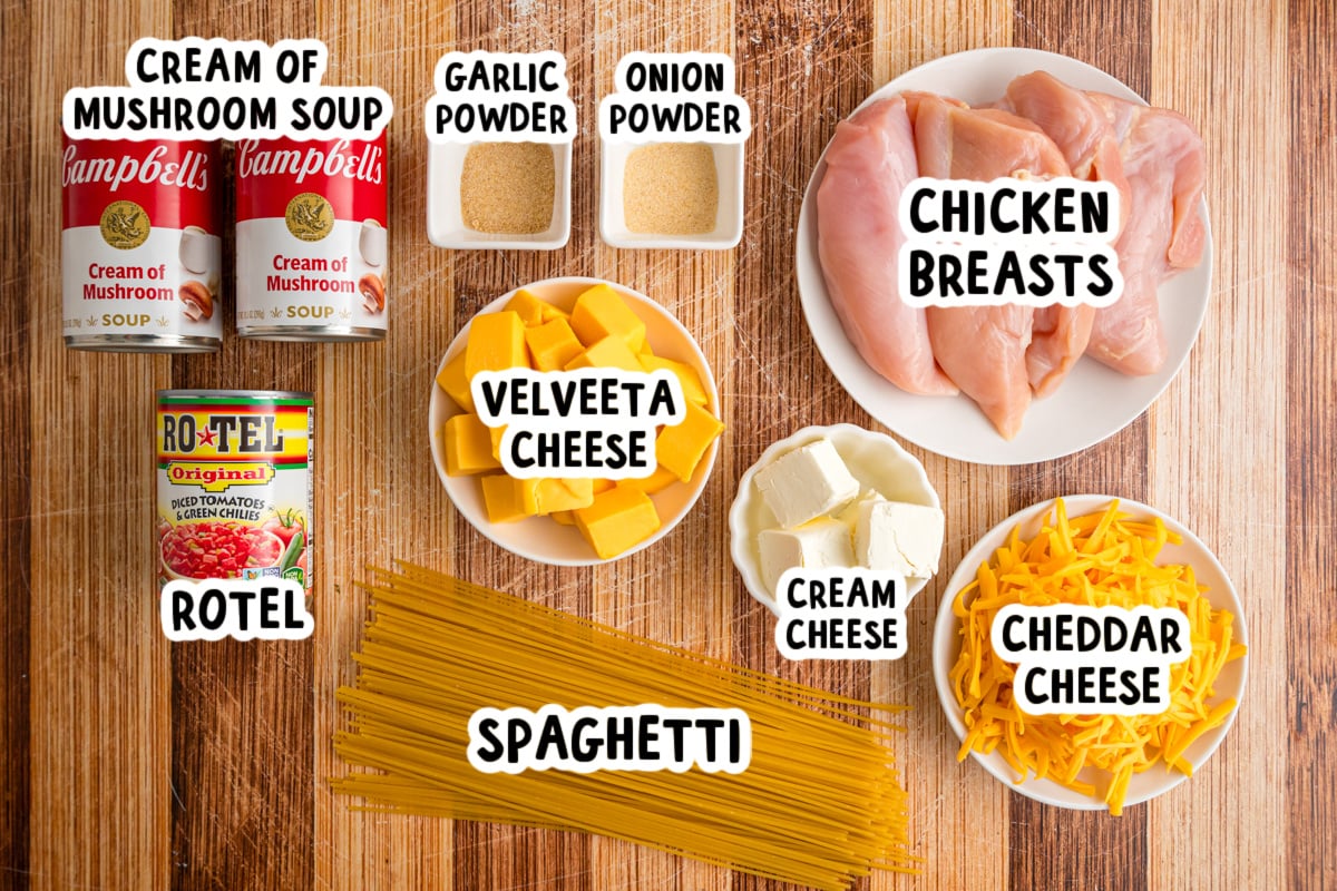 Ingredients for chicken spaghetti on a table.