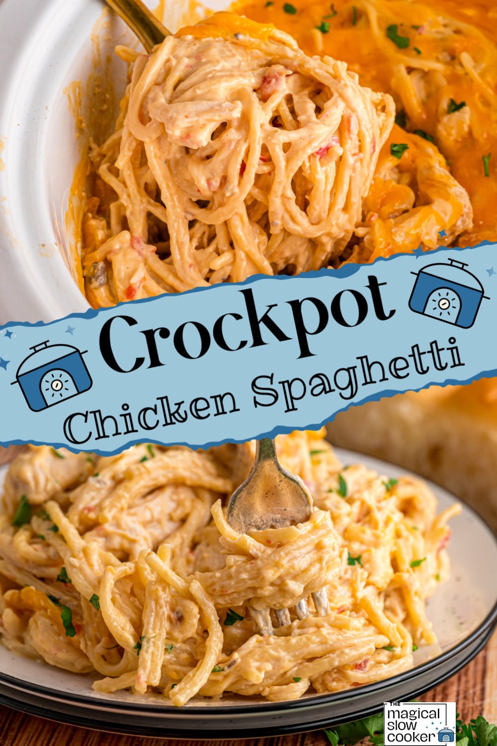 Two images of crockpot chicken spaghetti with title text overlay.
