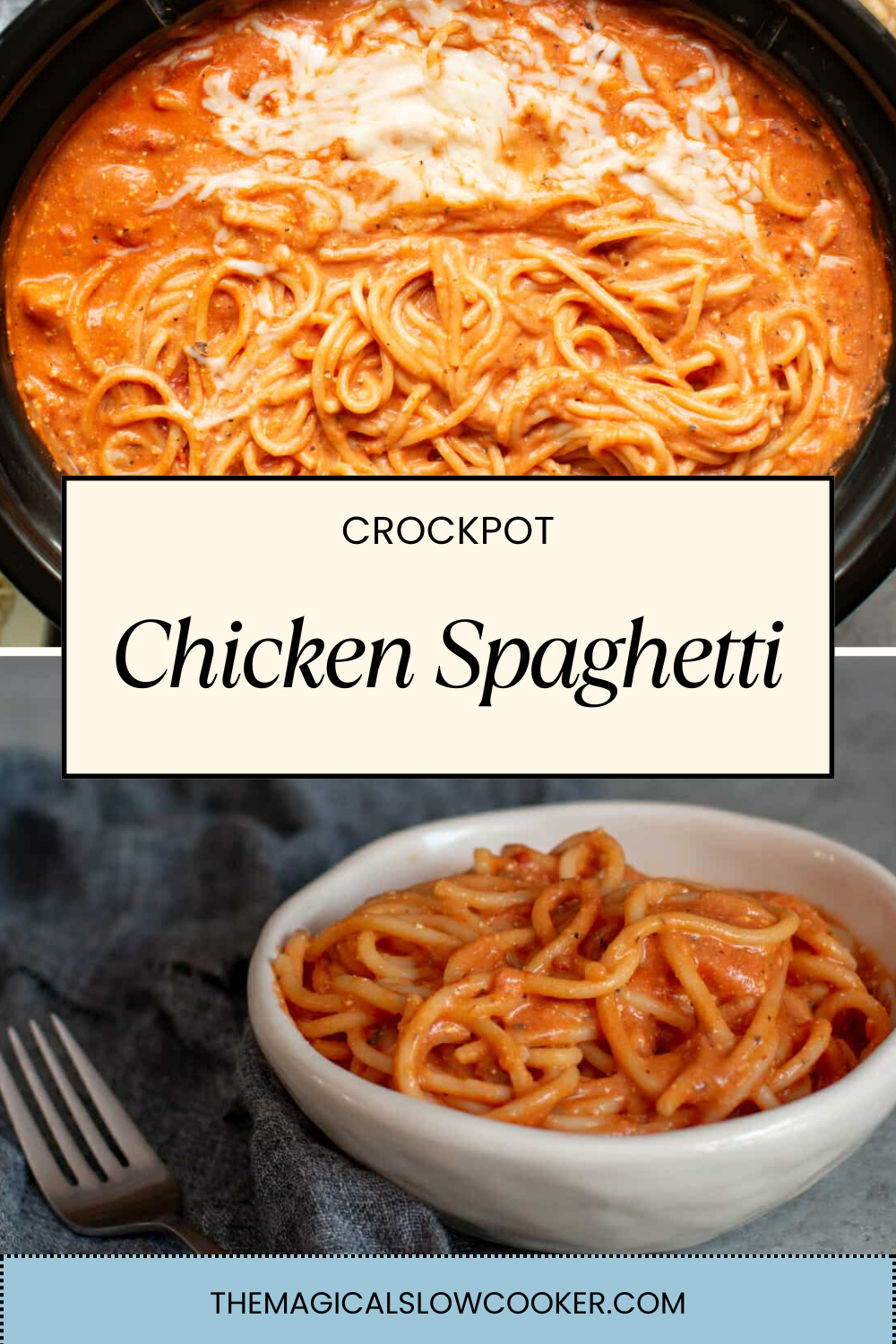 chicken spaghetti in a slow cooker and in a bowl.