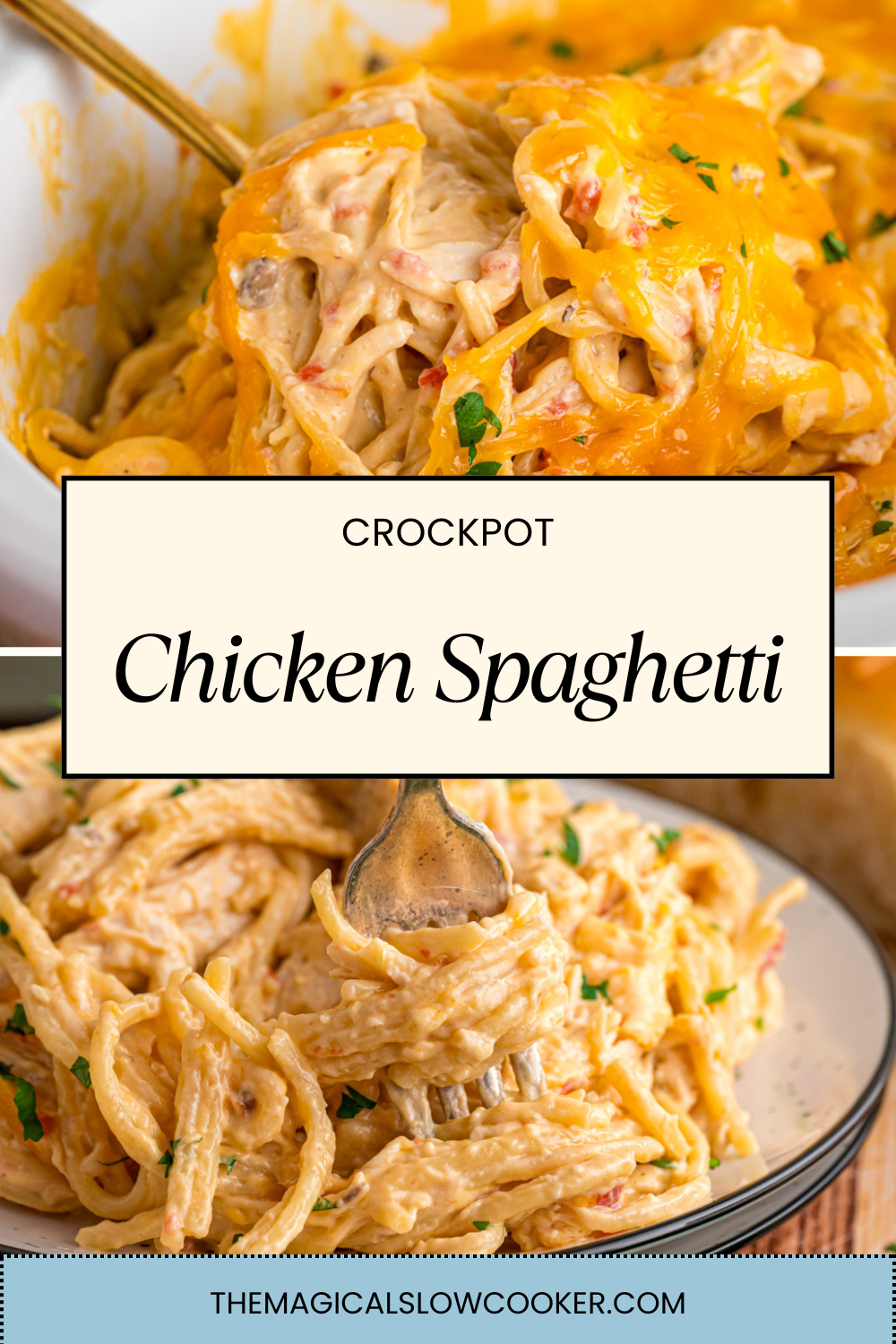 Two images of crockpot chicken spaghetti with text overlay.