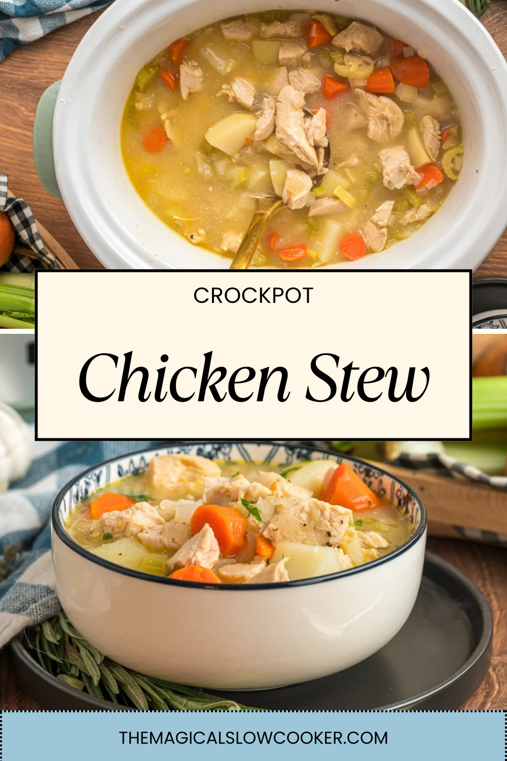 chicken stew in a slow cooker and in a bowl.