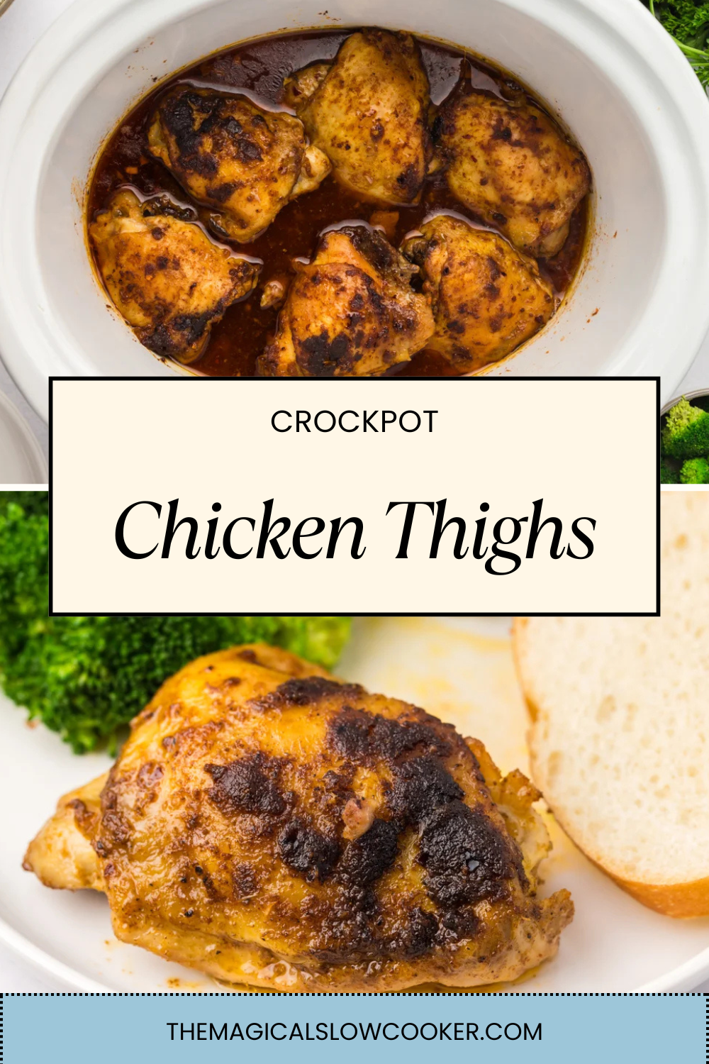 chicken thighs in a slow cooker and on a plate.