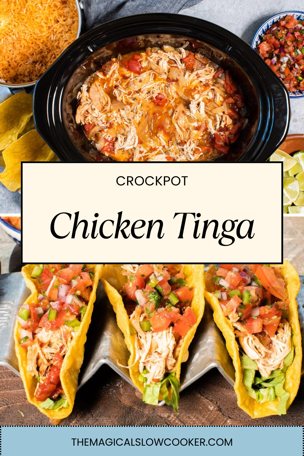 chicken tinga in a slow cooker and on a plate.