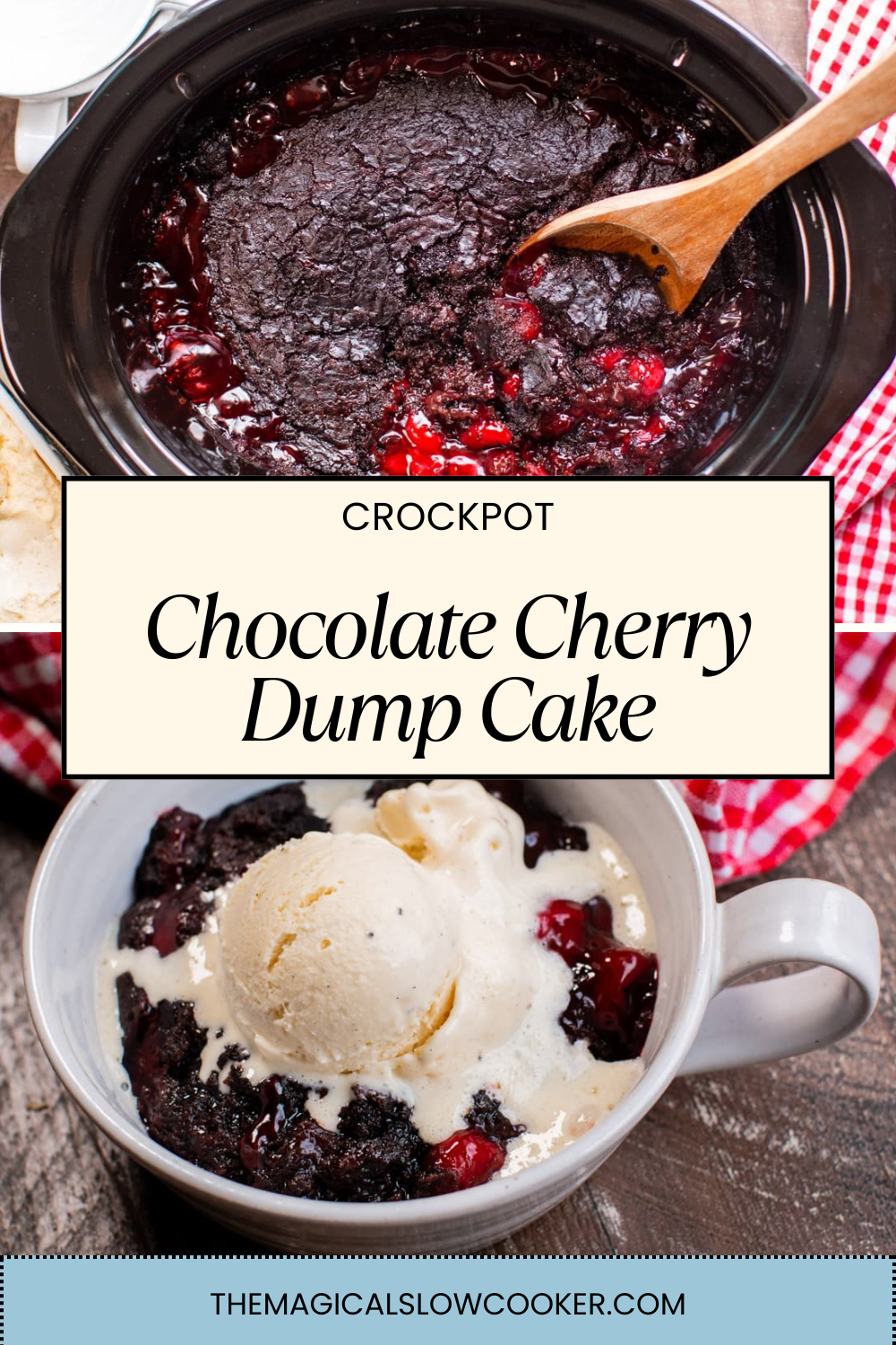 chocolate cherry dump cake in a slow cooker and on a plate.