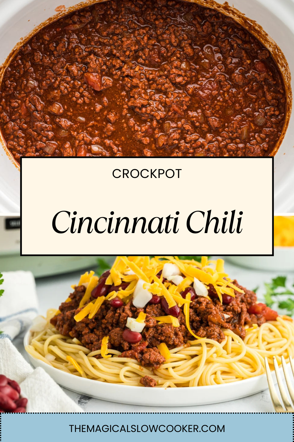 Cincinnati chili in a slow cooker and on a plate.