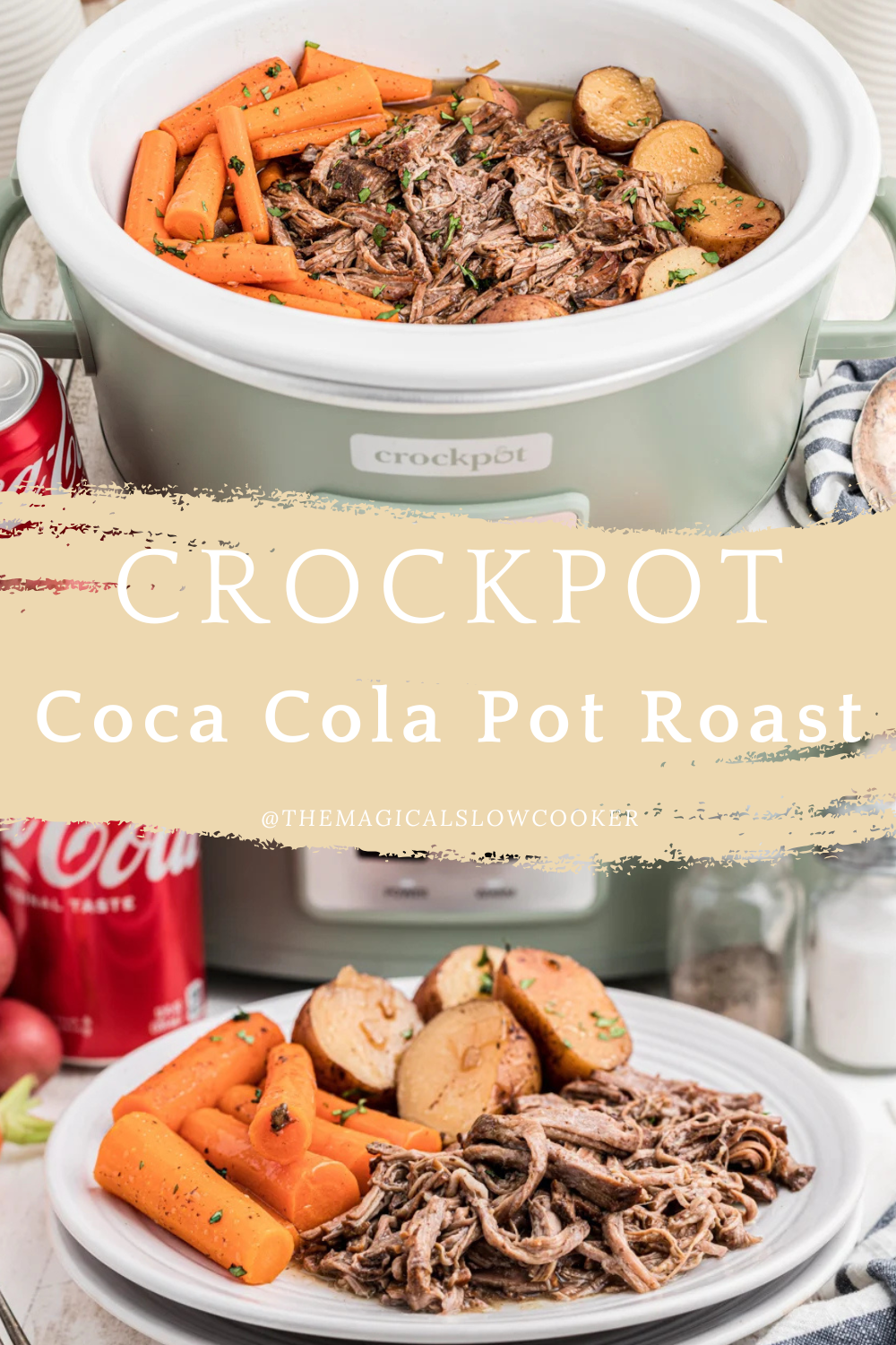 coca cola pot roast in a slow cooker and on a plate.
