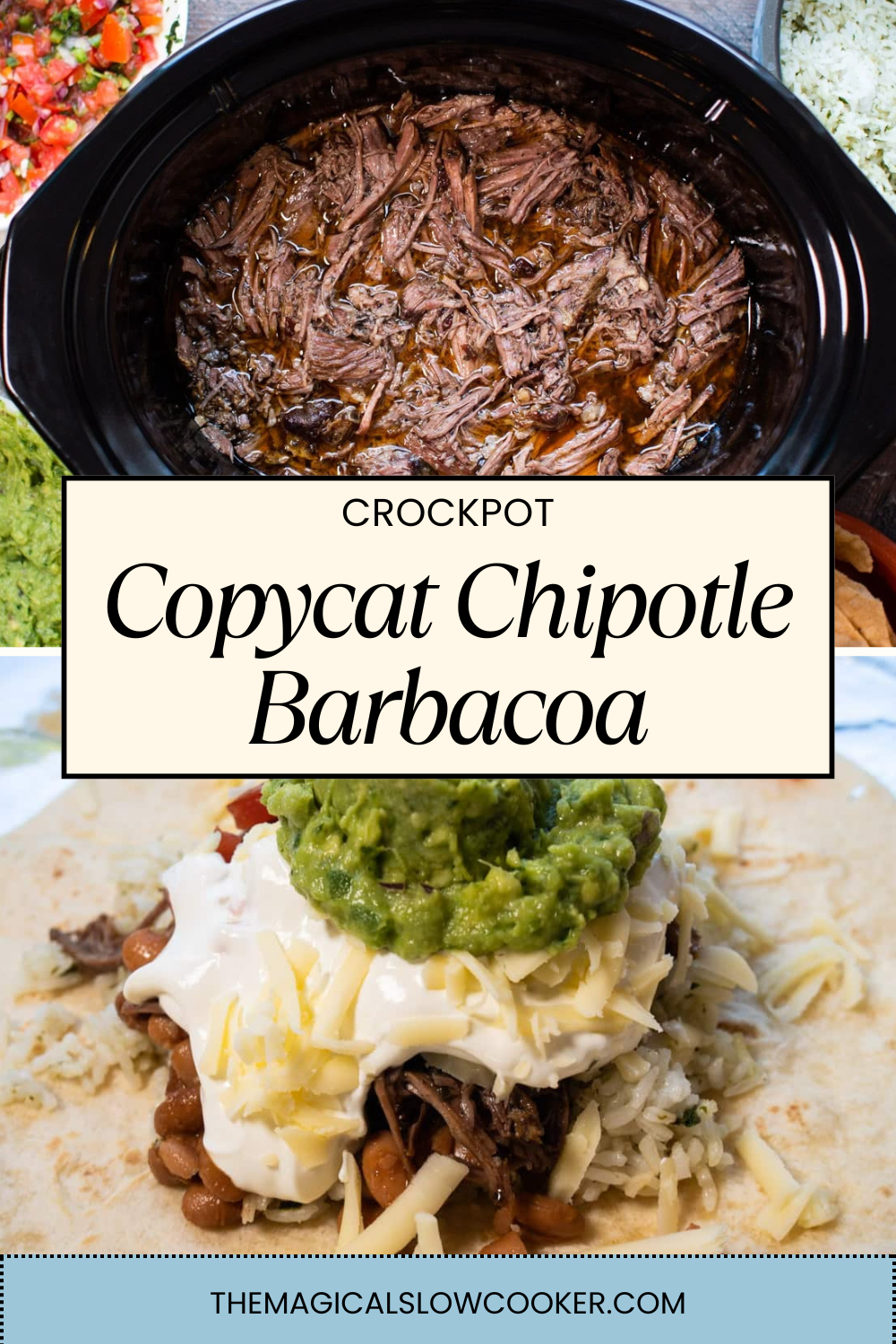 barbacoa in a slow cooker and on a plate.