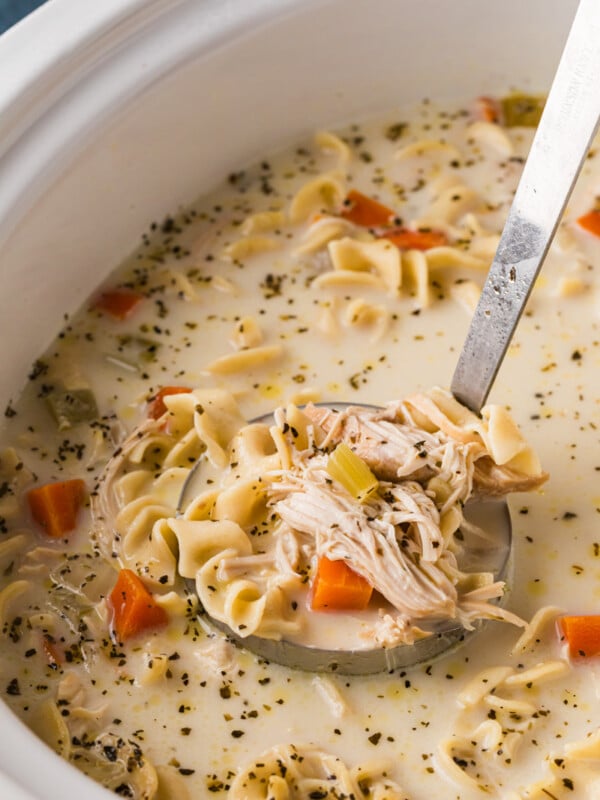 A ladle full of creamy chicken noodle soup coming out of a crockpot.