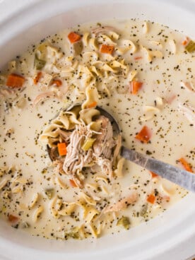 Chicken noodle soup with cream in a crockpot with a ladle.