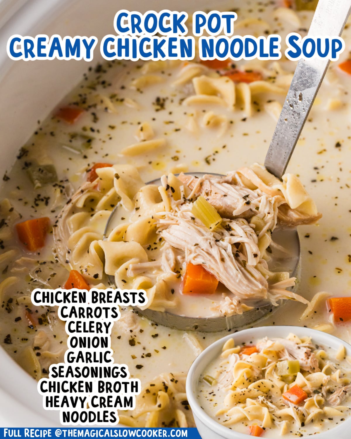 Two images of creamy chicken noodle soup with text list of ingredients.