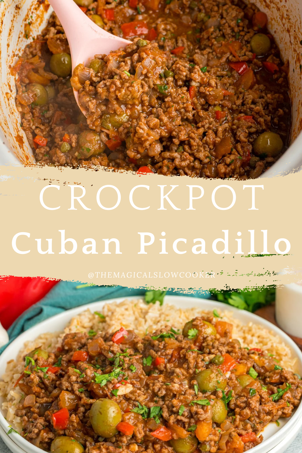 picadillo in a slow cooker and on a plate.