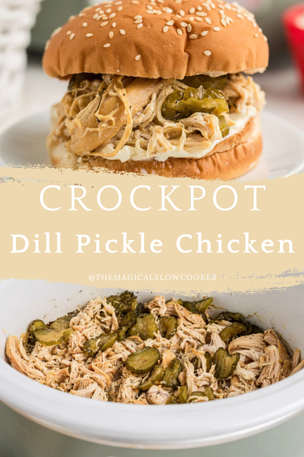 dill pickle chicken in a slow cooker on a plate.
